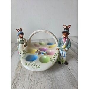 Vintage ceramic egg basket holder bunny rabbit butterfly spring pastel decor